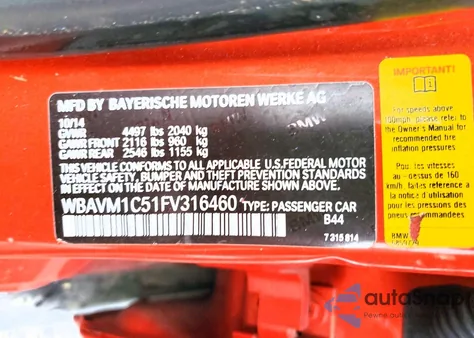 2015 BMW X1 Sdrive28I from USA, damaged, VIN WBAVM1C51FV316460